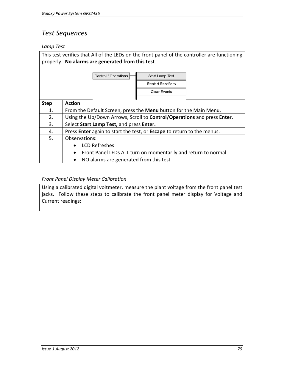 Test sequences, Lamp test, Front panel display meter calibration | GE Industrial Solutions GPS2436 User Manual | Page 75 / 97