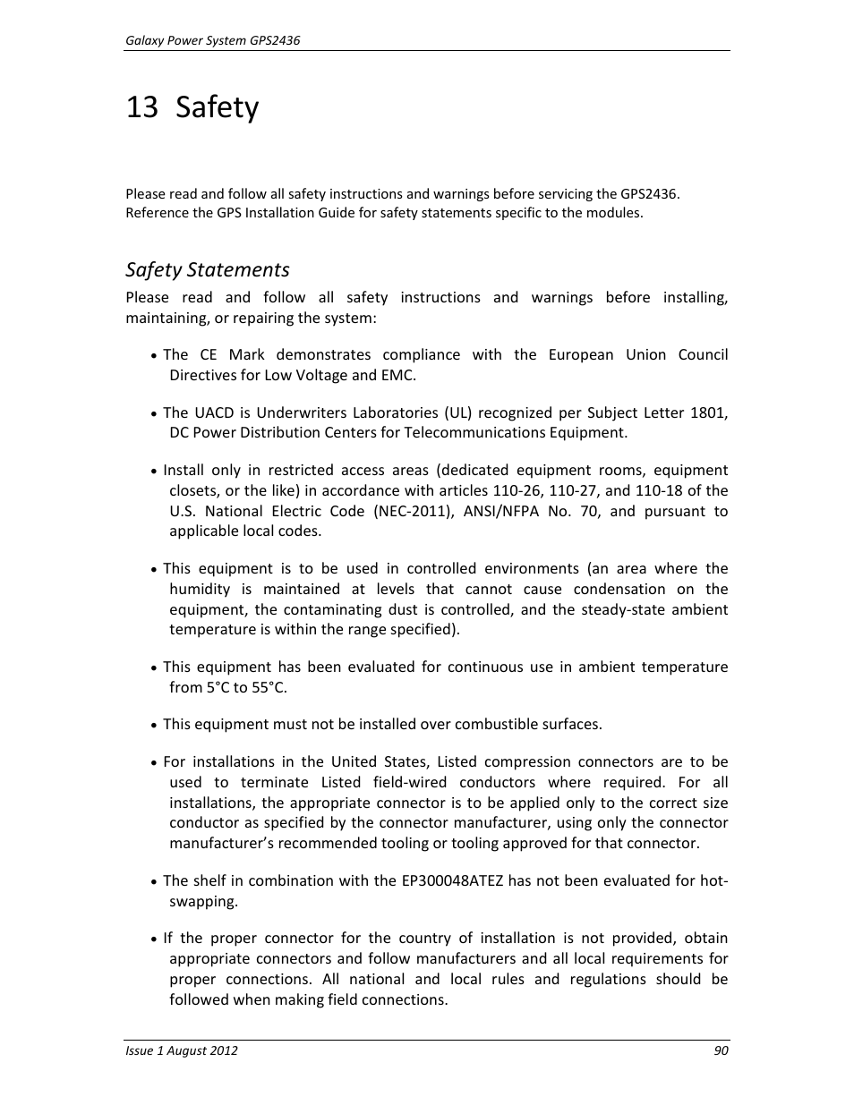 13 safety, Safety statements, Safety | GE Industrial Solutions GPS2436 User Manual | Page 90 / 97