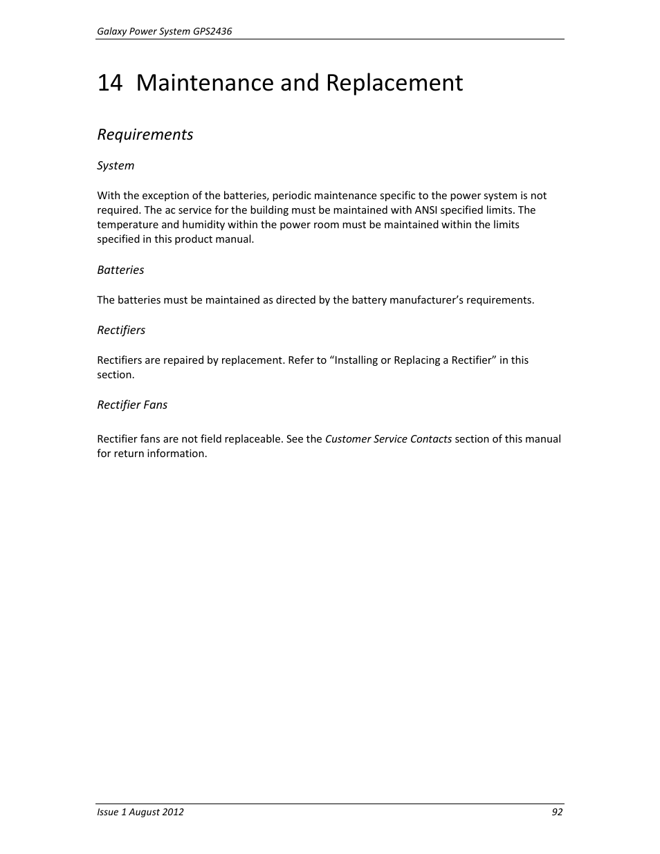 14 maintenance and replacement, Requirements, System | Batteries, Rectifiers, Rectifier fans, Maintenance and replacement | GE Industrial Solutions GPS2436 User Manual | Page 92 / 97