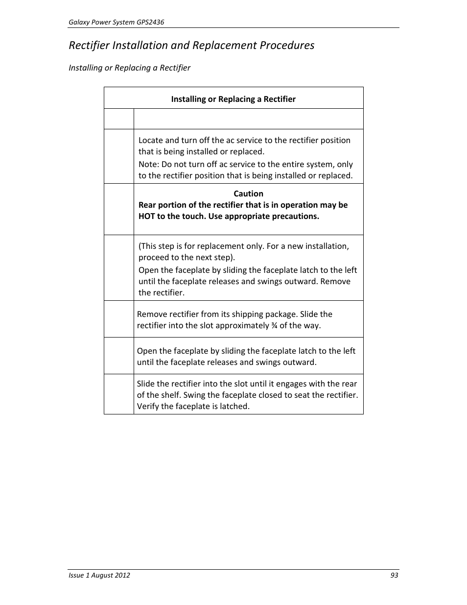 Rectifier installation and replacement procedures, Installing or replacing a rectifier | GE Industrial Solutions GPS2436 User Manual | Page 93 / 97