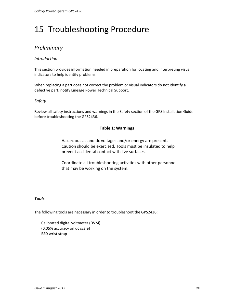 15 troubleshooting procedure, Preliminary, Introduction | Safety, Troubleshooting procedure | GE Industrial Solutions GPS2436 User Manual | Page 94 / 97