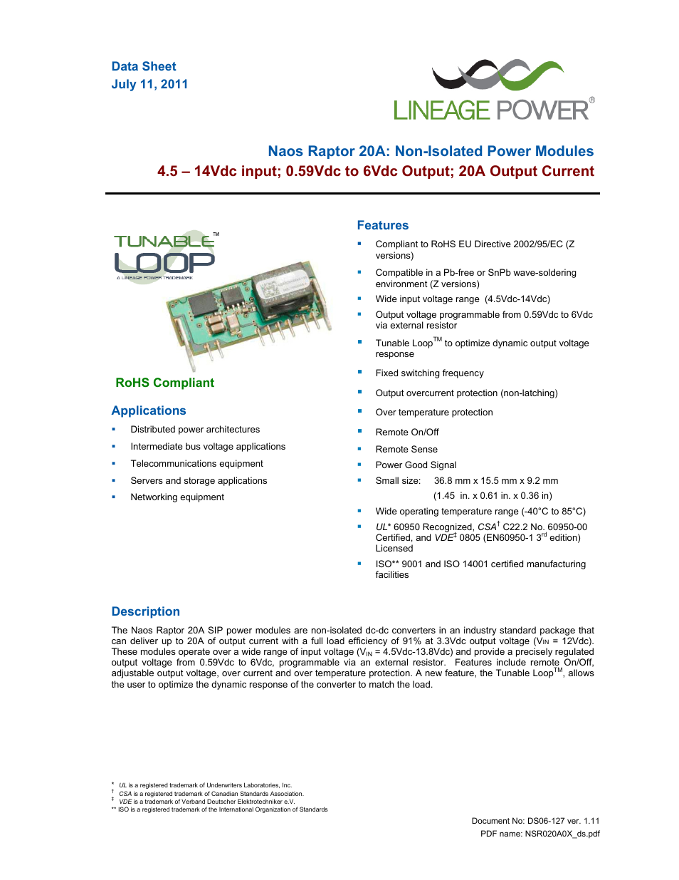 GE Industrial Solutions Naos Raptor 20A User Manual | 19 pages
