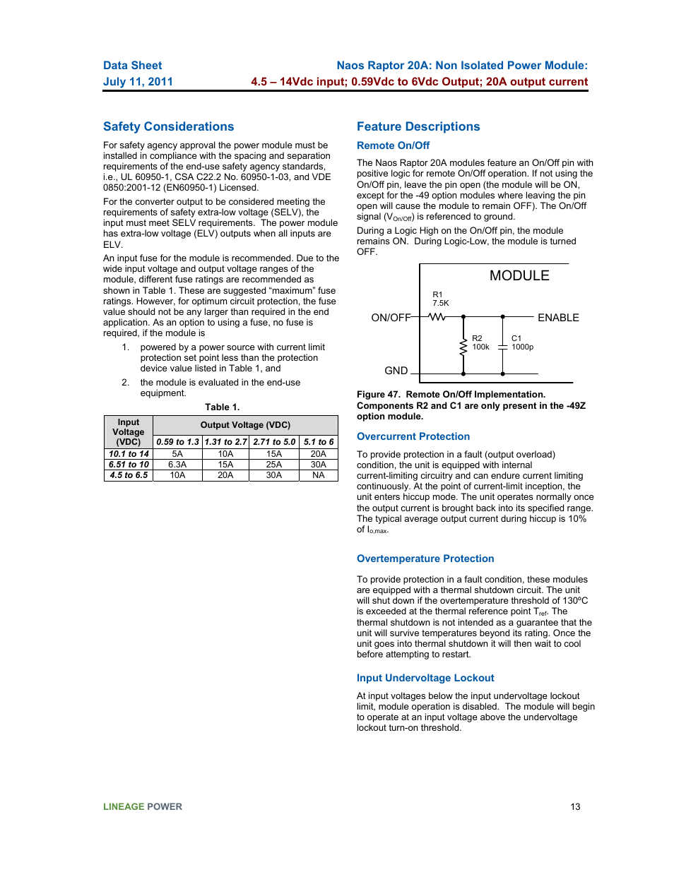 Module, Safety considerations, Feature descriptions | GE Industrial Solutions Naos Raptor 20A User Manual | Page 13 / 19
