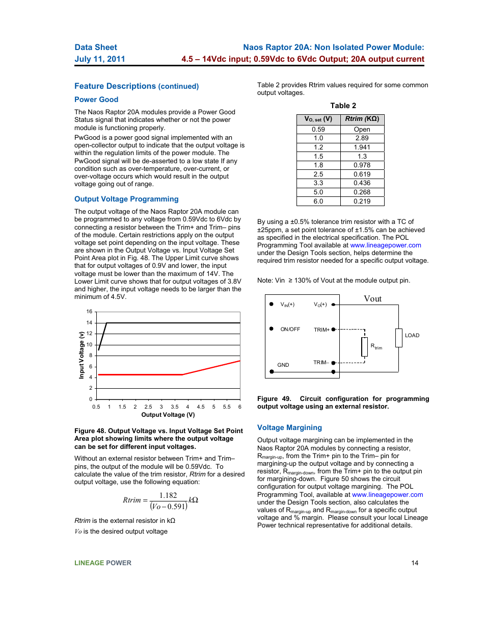 Vout, Feature descriptions | GE Industrial Solutions Naos Raptor 20A User Manual | Page 14 / 19