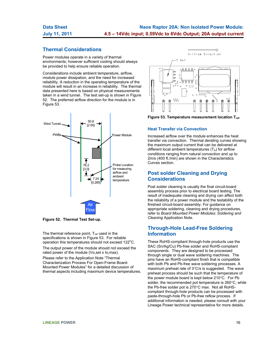 Thermal considerations, Post solder cleaning and drying considerations, Through-hole lead-free soldering information | GE Industrial Solutions Naos Raptor 20A User Manual | Page 16 / 19