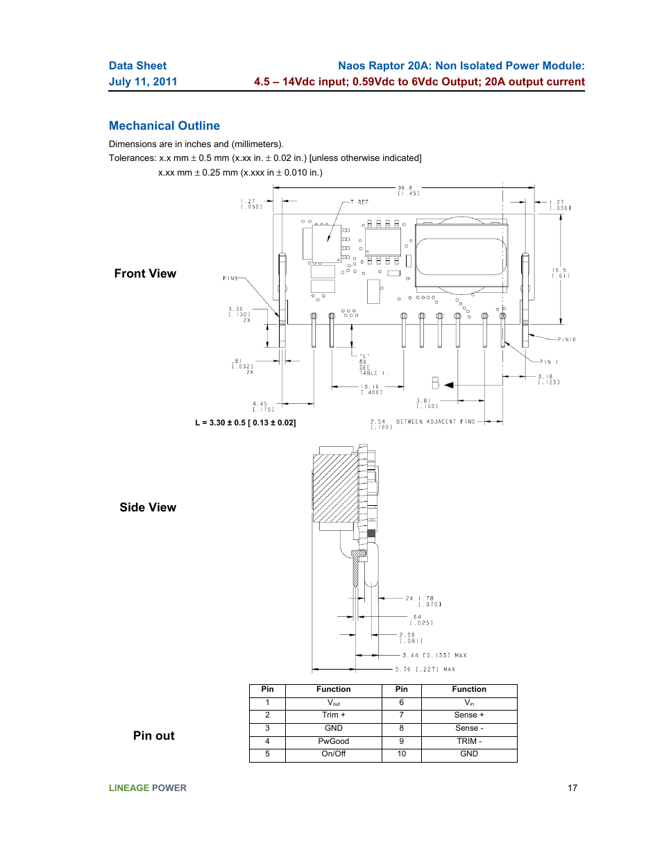 Mechanical outline, Front view side view pin out | GE Industrial Solutions Naos Raptor 20A User Manual | Page 17 / 19