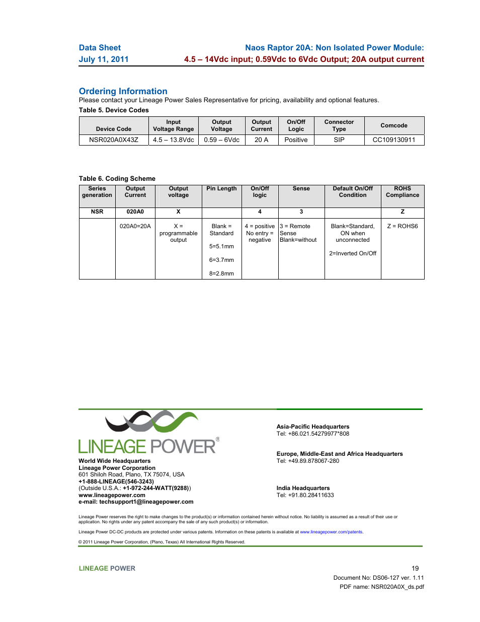 Ordering information | GE Industrial Solutions Naos Raptor 20A User Manual | Page 19 / 19