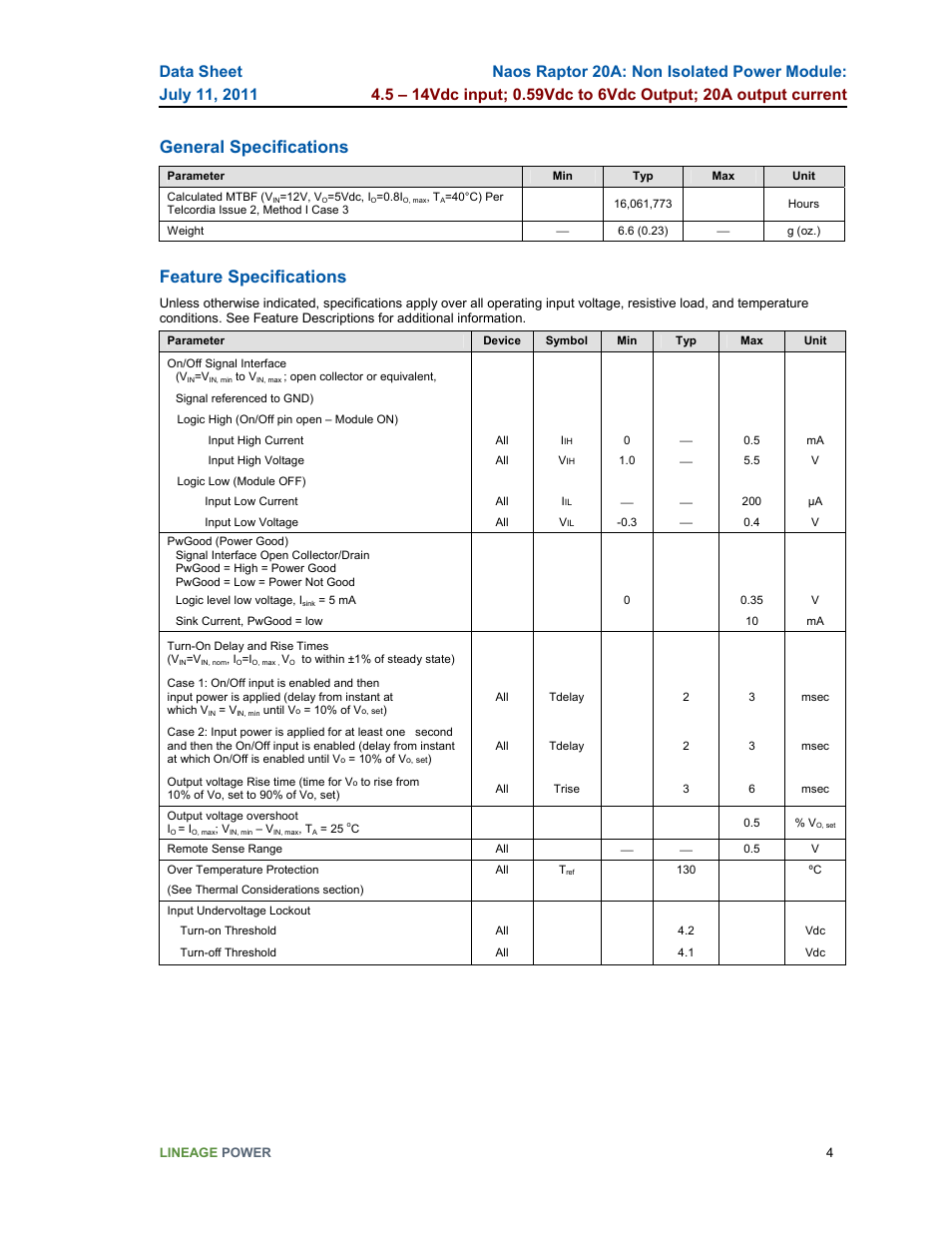 General specifications, Feature specifications | GE Industrial Solutions Naos Raptor 20A User Manual | Page 4 / 19