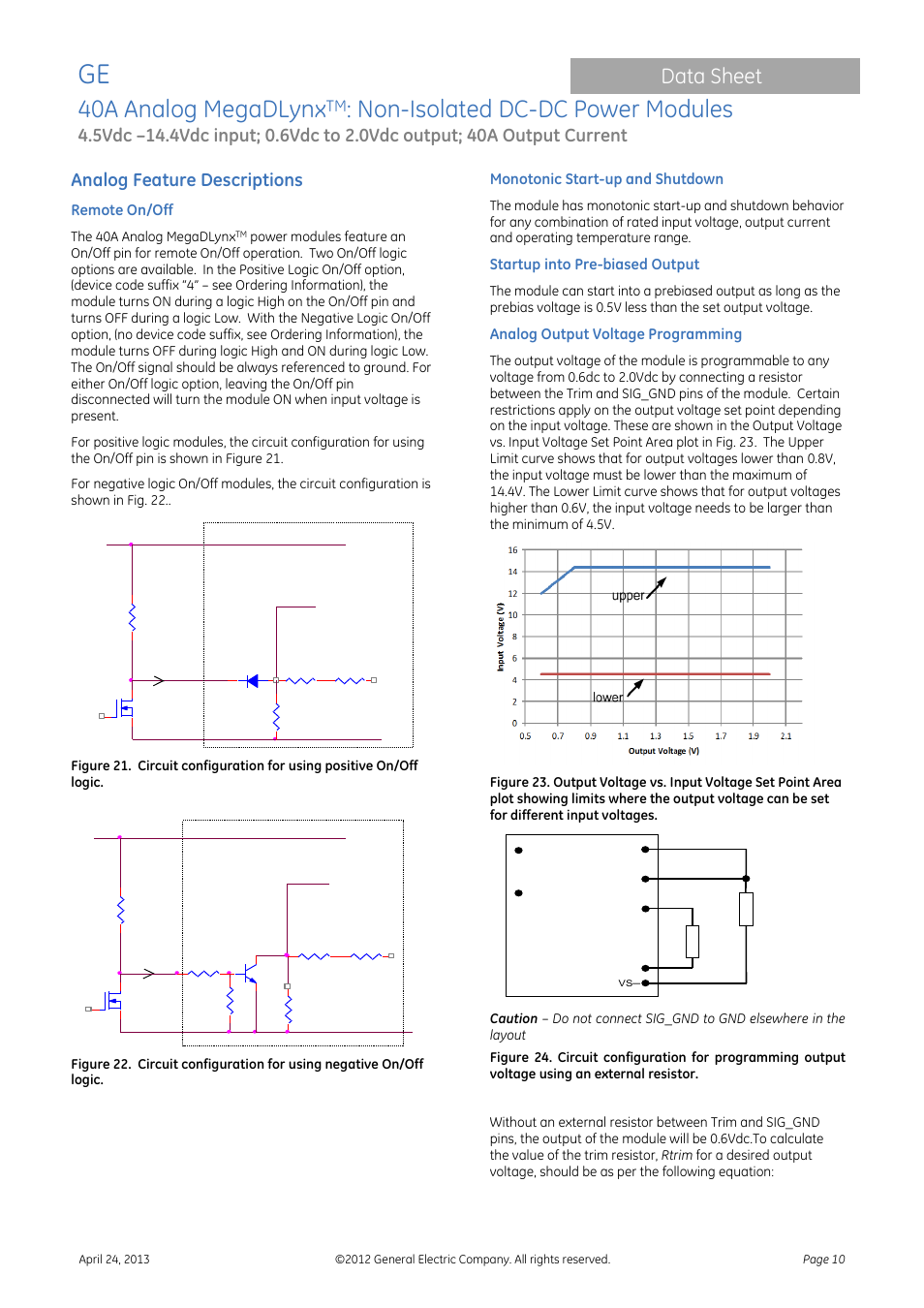 40a analog megadlynx, Non-isolated dc-dc power modules, Data sheet | Analog feature descriptions | GE Industrial Solutions 40A Analog MegaDLynx User Manual | Page 10 / 20