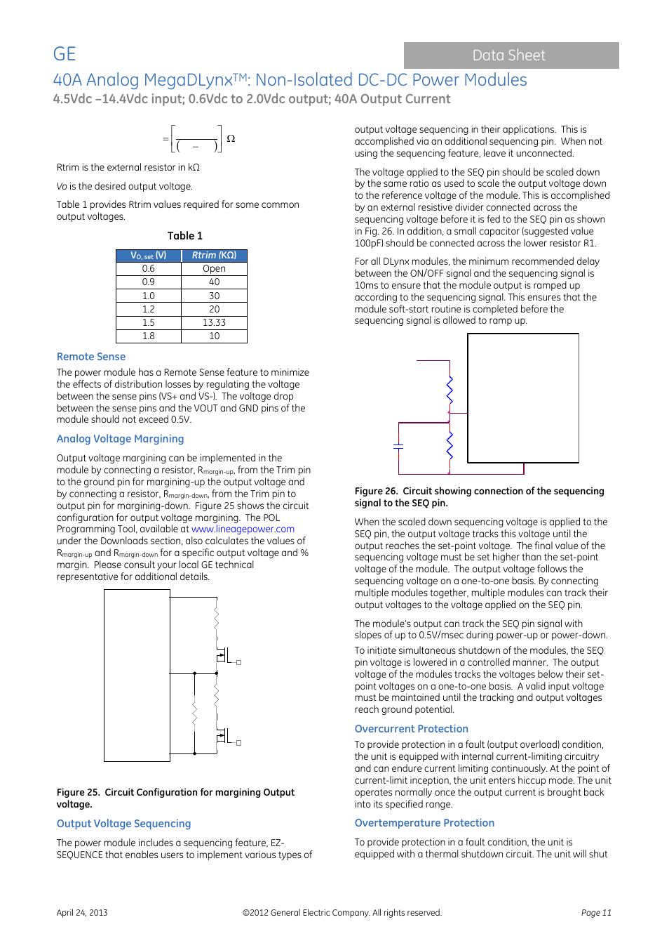40a analog megadlynx, Non-isolated dc-dc power modules, Data sheet | Dlynx module | GE Industrial Solutions 40A Analog MegaDLynx User Manual | Page 11 / 20