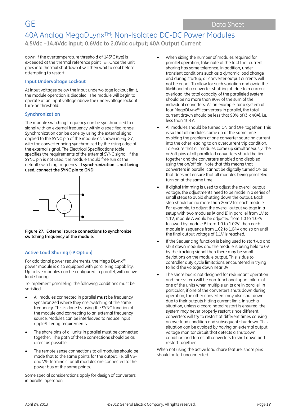 40a analog megadlynx, Non-isolated dc-dc power modules, Data sheet | GE Industrial Solutions 40A Analog MegaDLynx User Manual | Page 12 / 20