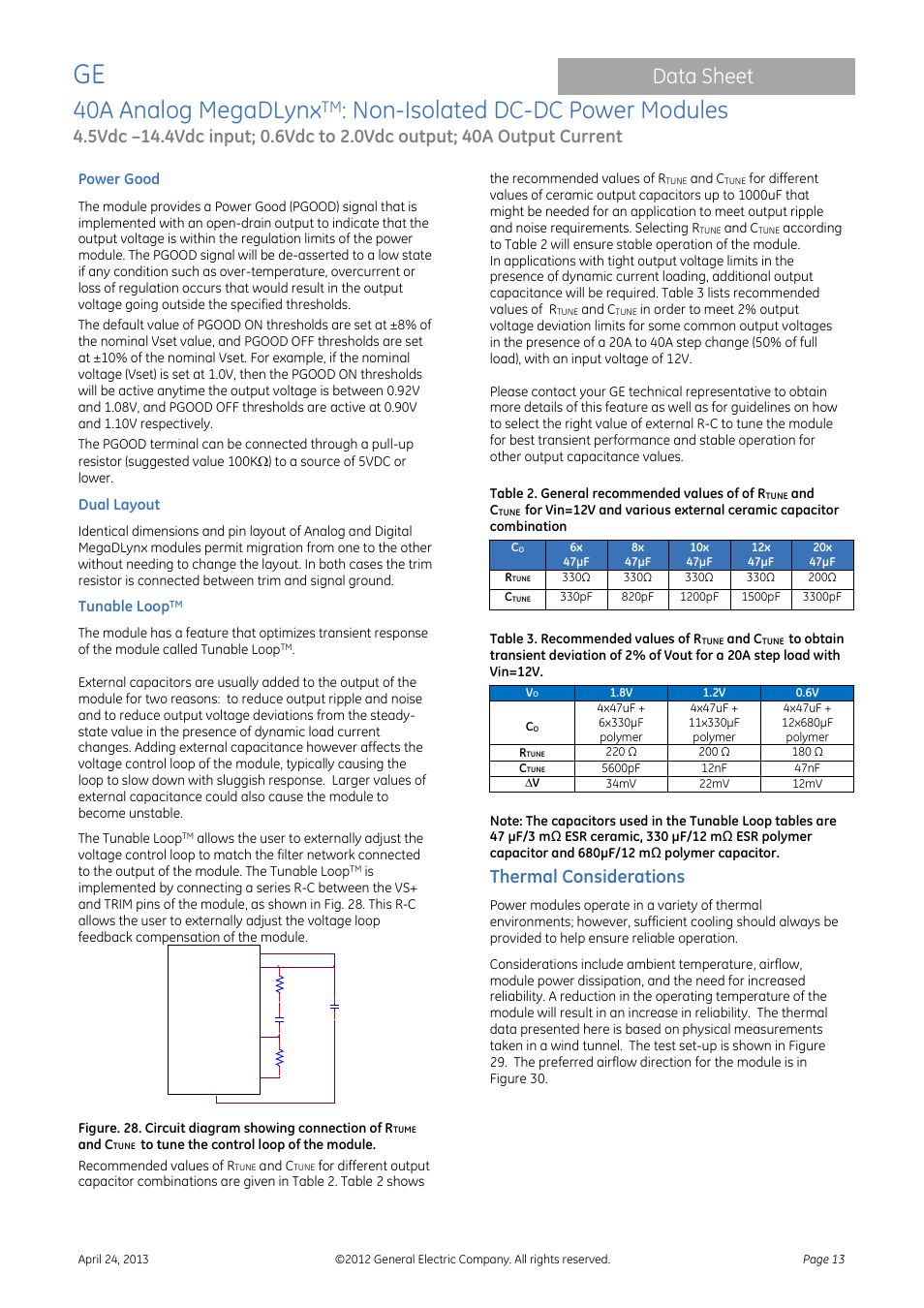 40a analog megadlynx, Non-isolated dc-dc power modules, Data sheet | Thermal considerations | GE Industrial Solutions 40A Analog MegaDLynx User Manual | Page 13 / 20