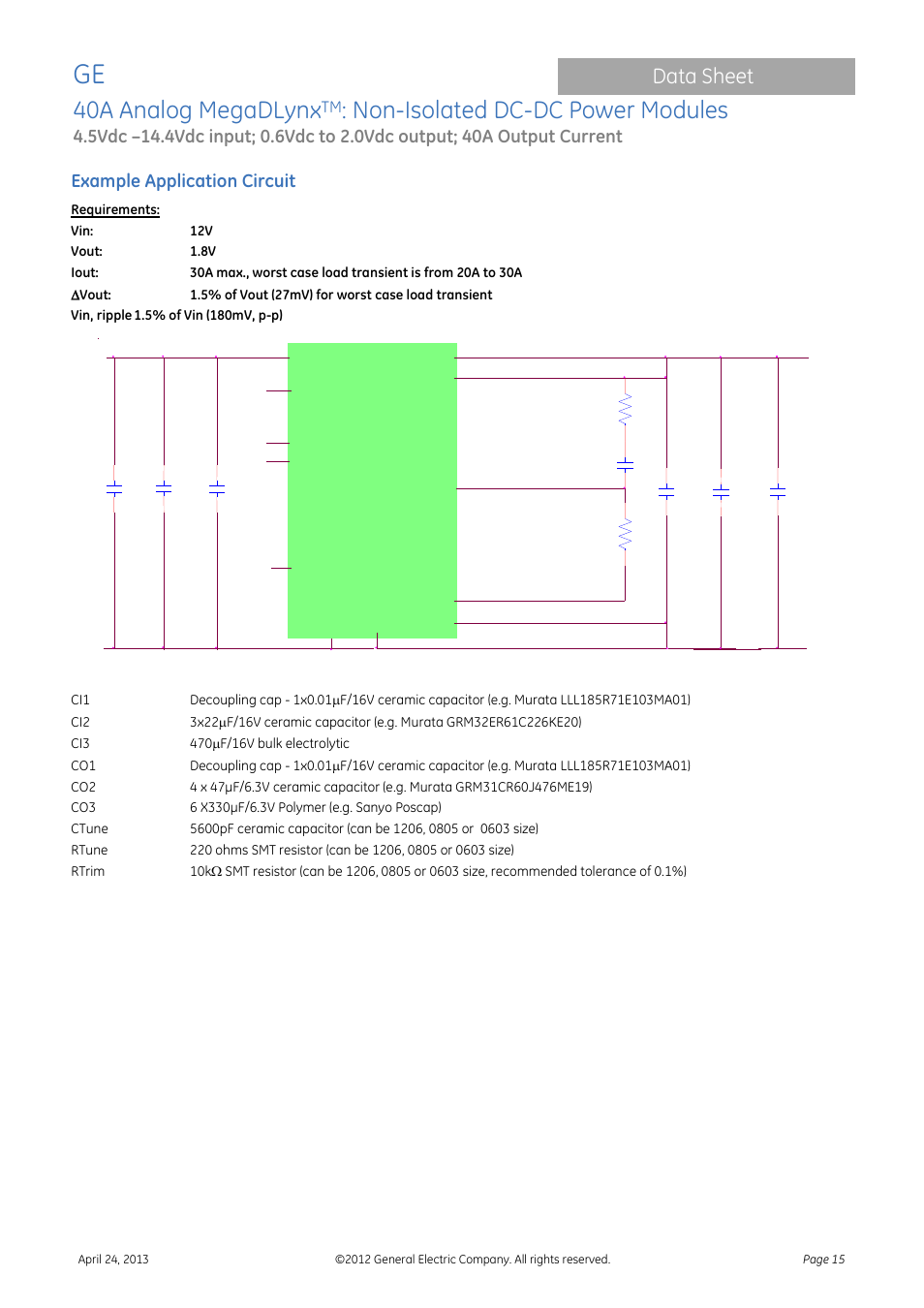 40a analog megadlynx, Non-isolated dc-dc power modules, Module | Data sheet, Example application circuit | GE Industrial Solutions 40A Analog MegaDLynx User Manual | Page 15 / 20