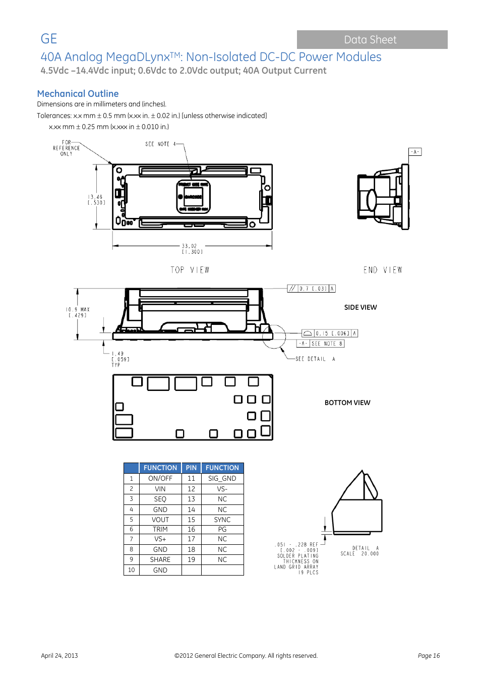 40a analog megadlynx, Non-isolated dc-dc power modules, Data sheet | Mechanical outline | GE Industrial Solutions 40A Analog MegaDLynx User Manual | Page 16 / 20