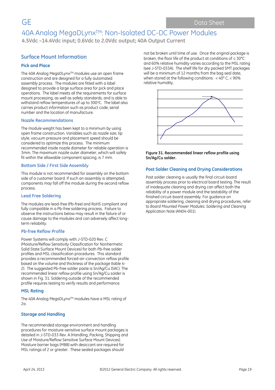 40a analog megadlynx, Non-isolated dc-dc power modules, Data sheet | Surface mount information | GE Industrial Solutions 40A Analog MegaDLynx User Manual | Page 19 / 20