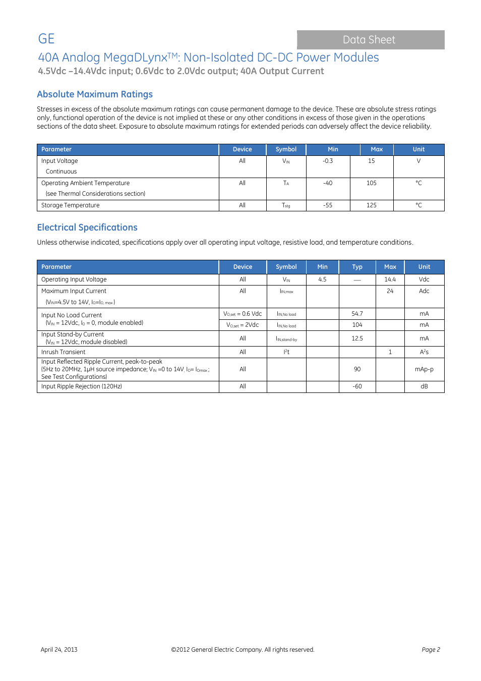 40a analog megadlynx, Non-isolated dc-dc power modules, Data sheet | Absolute maximum ratings, Electrical specifications | GE Industrial Solutions 40A Analog MegaDLynx User Manual | Page 2 / 20