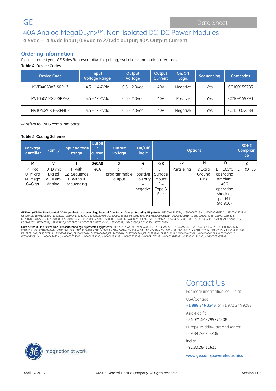 Contact us, 40a analog megadlynx, Non-isolated dc-dc power modules | Data sheet, Ordering information | GE Industrial Solutions 40A Analog MegaDLynx User Manual | Page 20 / 20