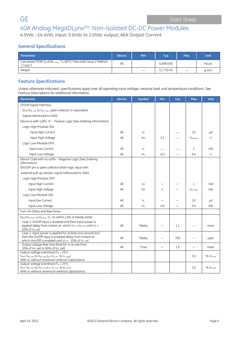 40a analog megadlynx, Non-isolated dc-dc power modules, Data sheet | General specifications, Feature specifications | GE Industrial Solutions 40A Analog MegaDLynx User Manual | Page 4 / 20