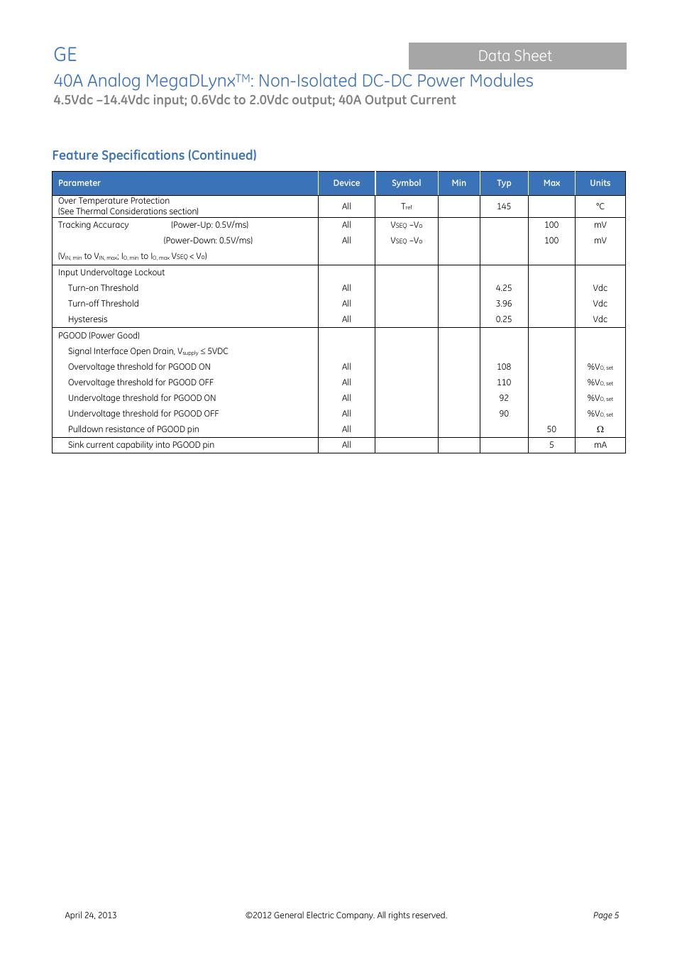 40a analog megadlynx, Non-isolated dc-dc power modules, Data sheet | Feature specifications (continued) | GE Industrial Solutions 40A Analog MegaDLynx User Manual | Page 5 / 20