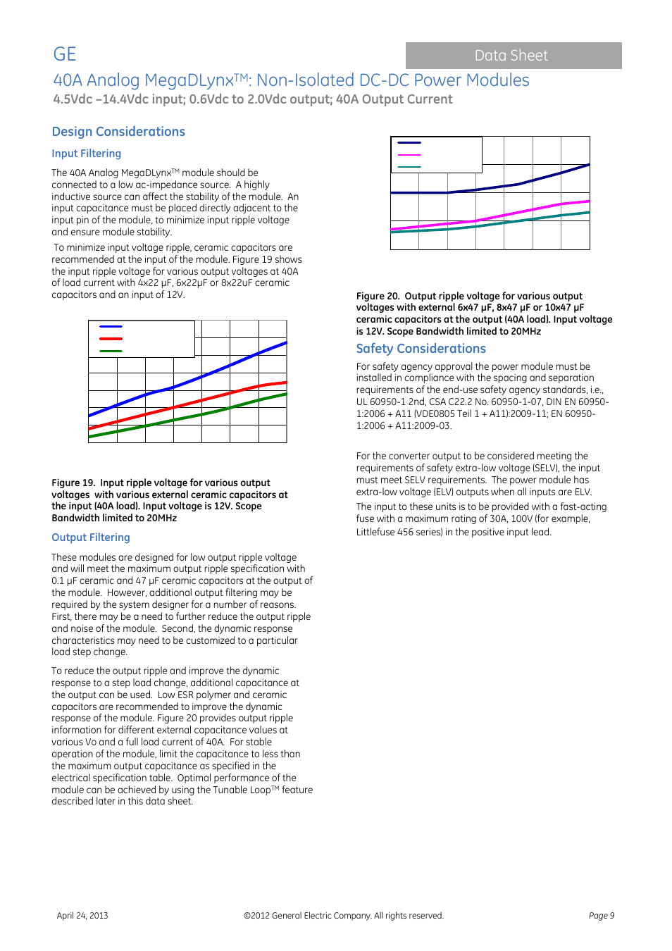 40a analog megadlynx, Non-isolated dc-dc power modules, Data sheet | Design considerations, Safety considerations | GE Industrial Solutions 40A Analog MegaDLynx User Manual | Page 9 / 20