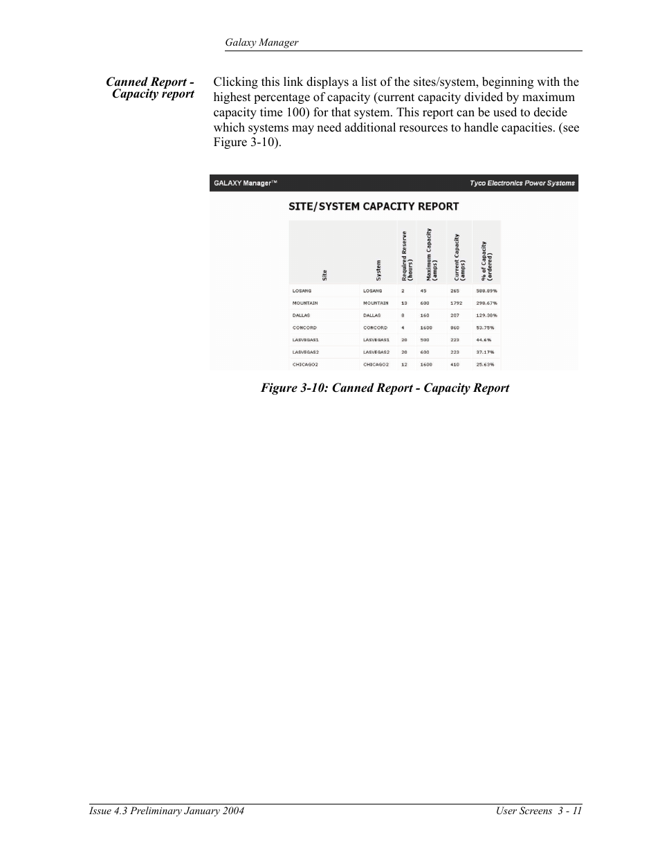 Canned report - capacity report, Figure 3-10: canned report - capacity report | GE Industrial Solutions Galaxy Manager User Manual | Page 25 / 34