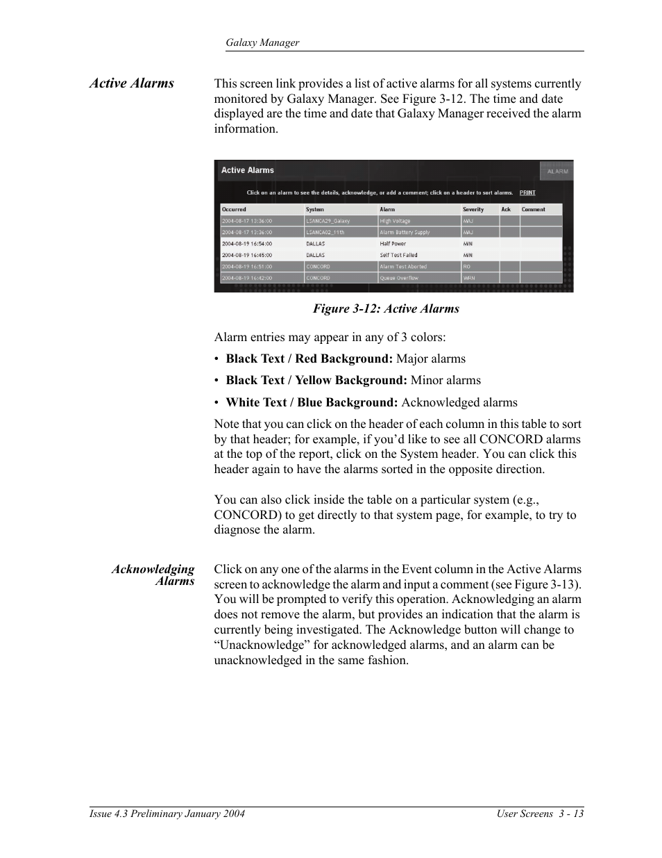 Active alarms, Acknowledging alarms, Figure 3-12: active alarms | GE Industrial Solutions Galaxy Manager User Manual | Page 27 / 34