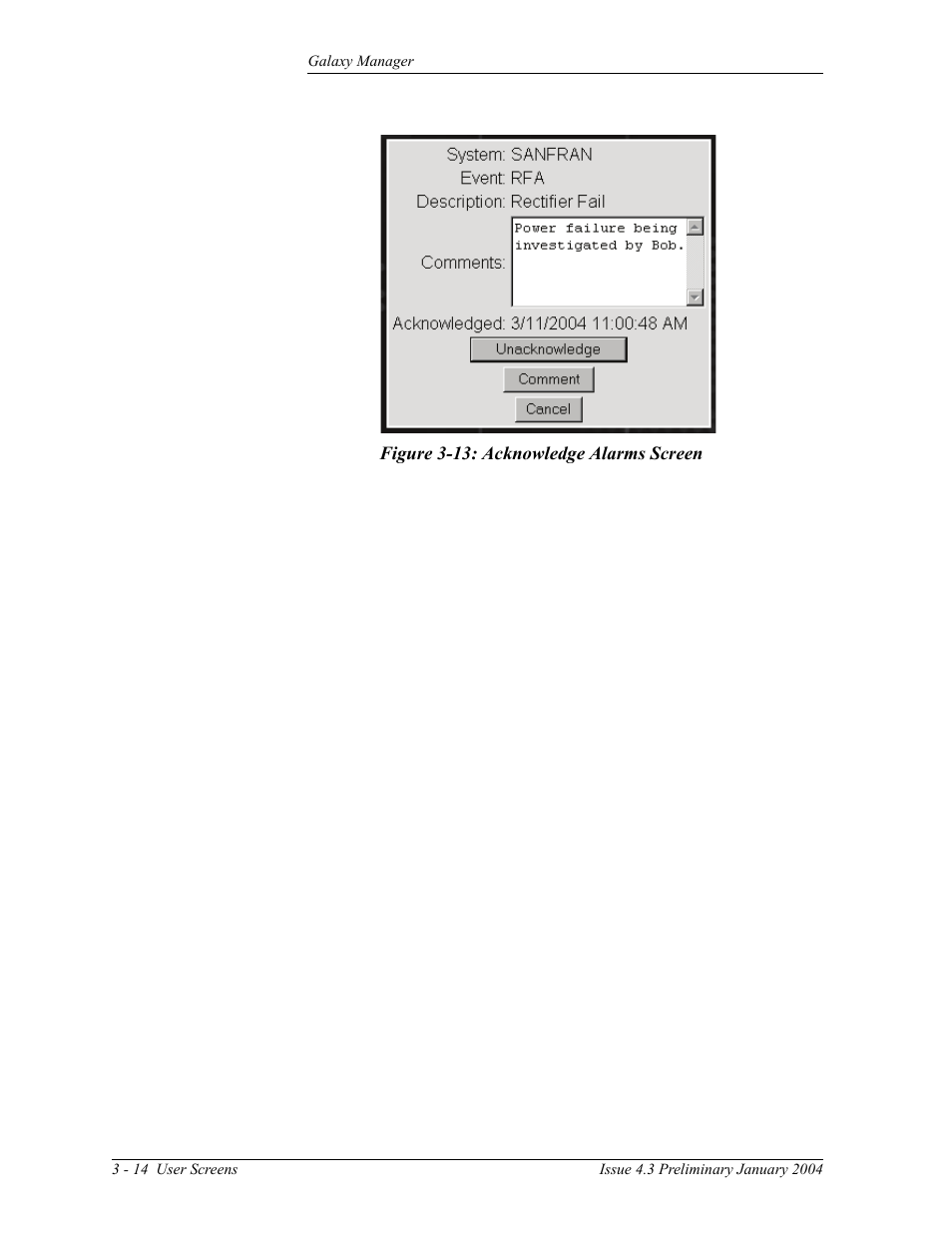 Figure 3-13: acknowledge alarms screen | GE Industrial Solutions Galaxy Manager User Manual | Page 28 / 34