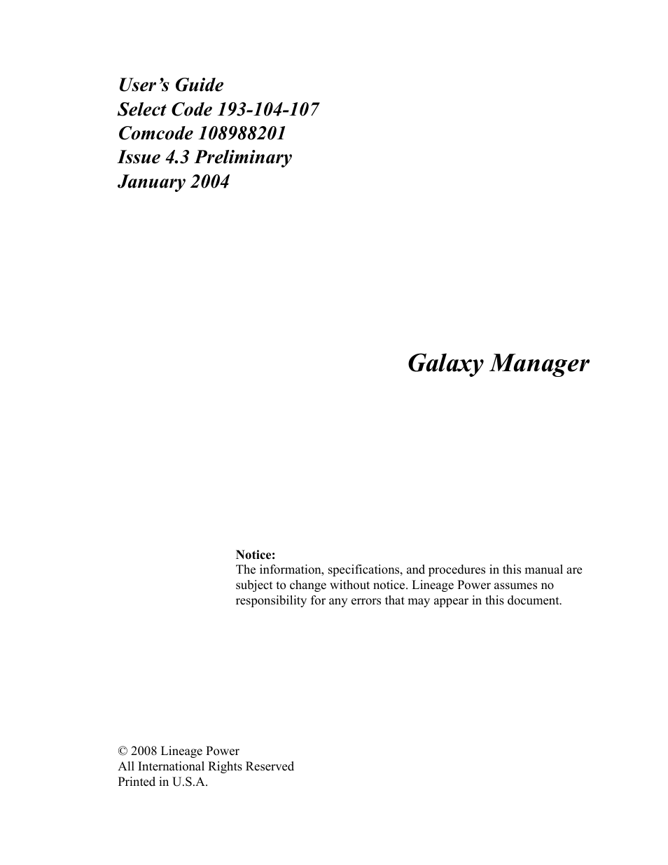 Galaxy manager, User’s guide | GE Industrial Solutions Galaxy Manager User Manual | Page 3 / 34