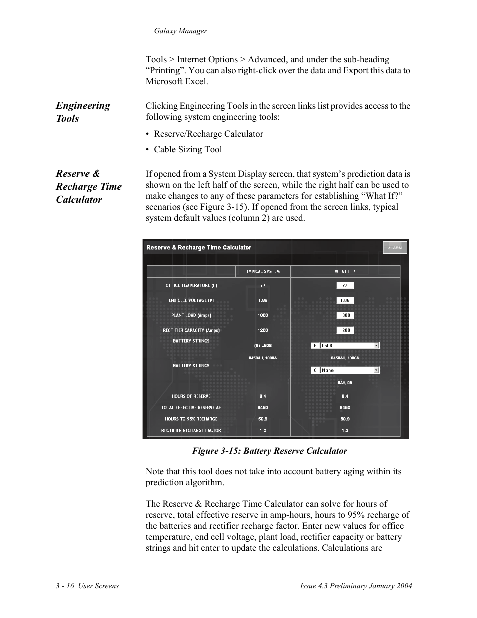 Engineering tools, Reserve & recharge time calculator, Figure 3-15: battery reserve calculator | GE Industrial Solutions Galaxy Manager User Manual | Page 30 / 34