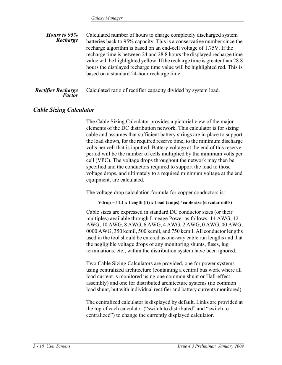 Hours to 95% recharge, Rectifier recharge factor, Cable sizing calculator | GE Industrial Solutions Galaxy Manager User Manual | Page 32 / 34