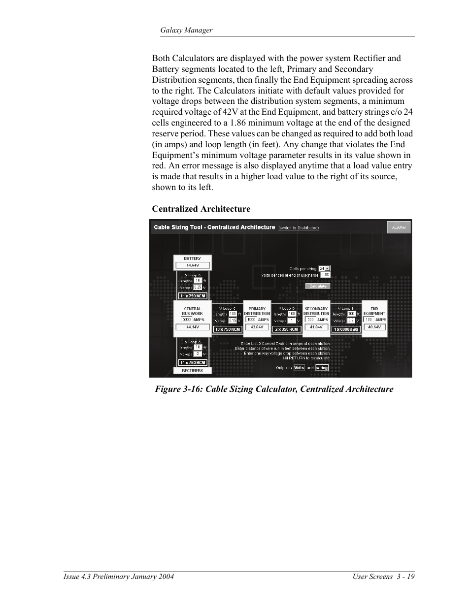 Figure 3-16: cable sizing calculator, centralized, Architecture | GE Industrial Solutions Galaxy Manager User Manual | Page 33 / 34