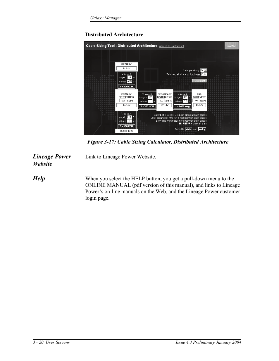 Lineage power website, Help, Figure 3-17: cable sizing calculator, distributed | Architecture | GE Industrial Solutions Galaxy Manager User Manual | Page 34 / 34