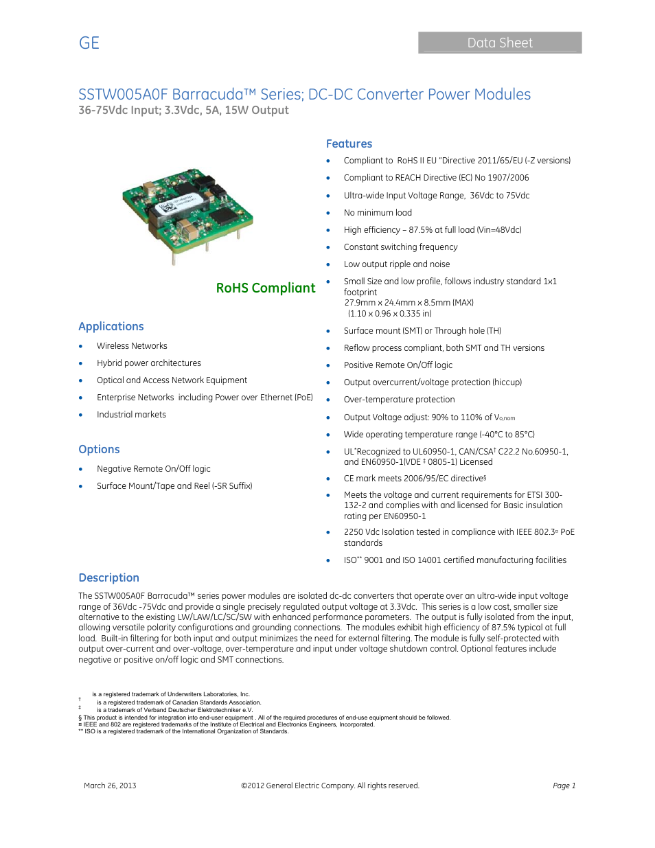 GE Industrial Solutions SSTW005A0F Barracuda Series User Manual | 15 pages