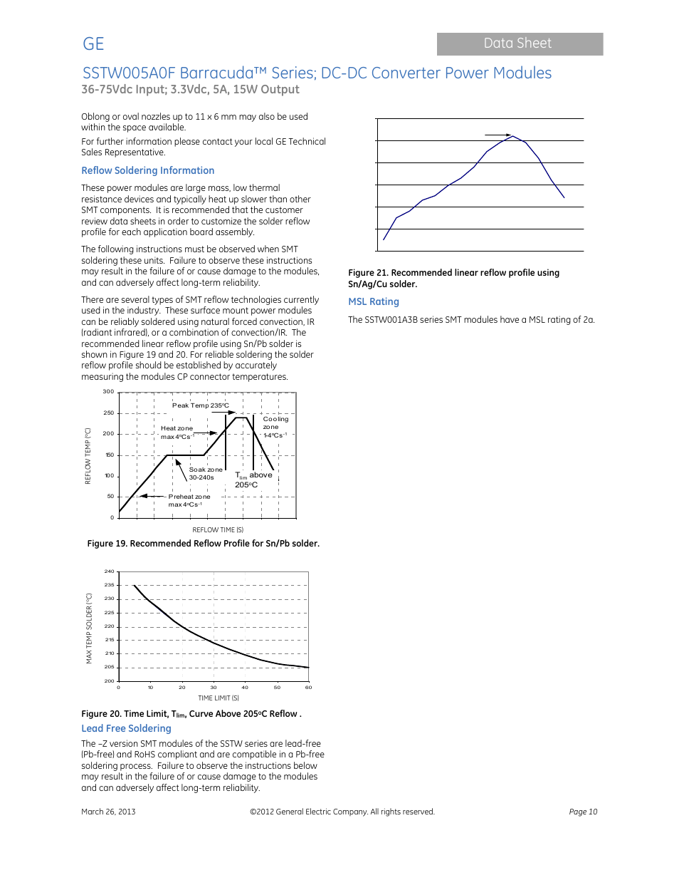 Data sheet, Reflow soldering information, Lead free soldering | Msl rating | GE Industrial Solutions SSTW005A0F Barracuda Series User Manual | Page 10 / 15