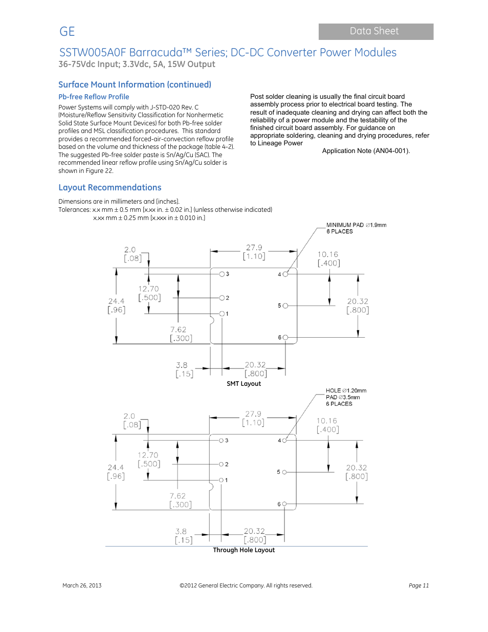 Data sheet | GE Industrial Solutions SSTW005A0F Barracuda Series User Manual | Page 11 / 15