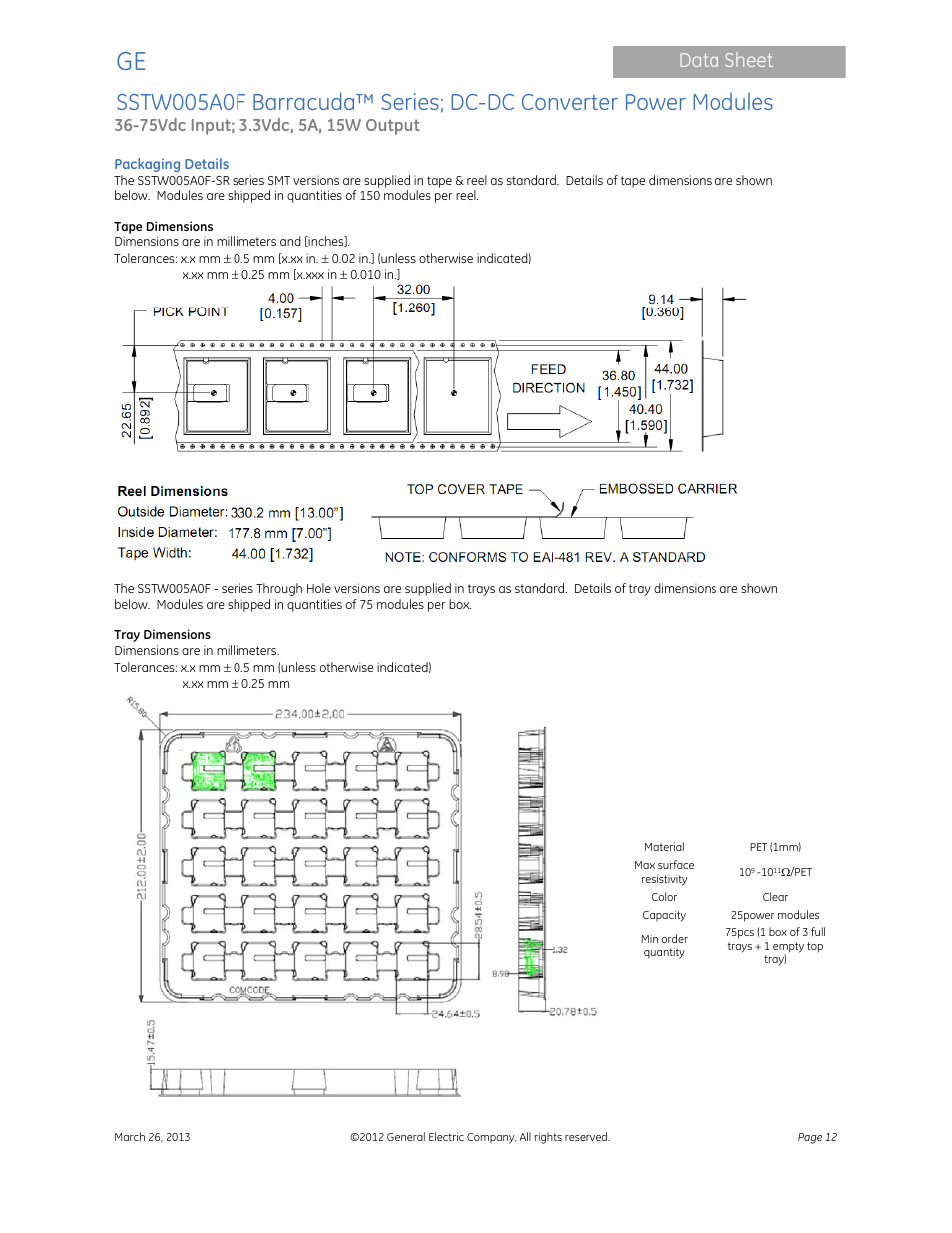 Data sheet | GE Industrial Solutions SSTW005A0F Barracuda Series User Manual | Page 12 / 15