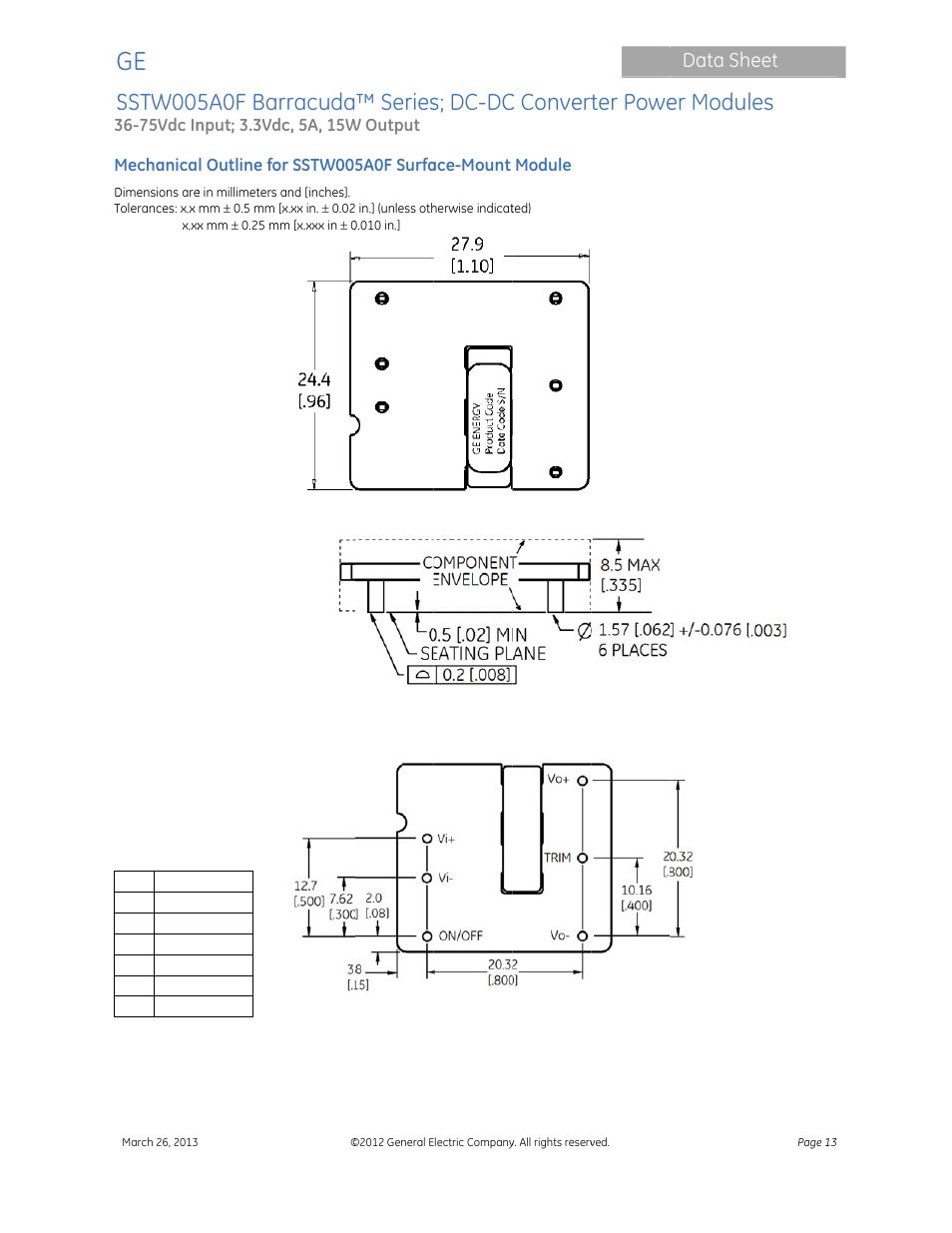 Sstw00, 5a0f ba, Rracuda | Series, S; dc-dc, C convert, Ter powe, Er modu, Data sh, Heet | GE Industrial Solutions SSTW005A0F Barracuda Series User Manual | Page 13 / 15