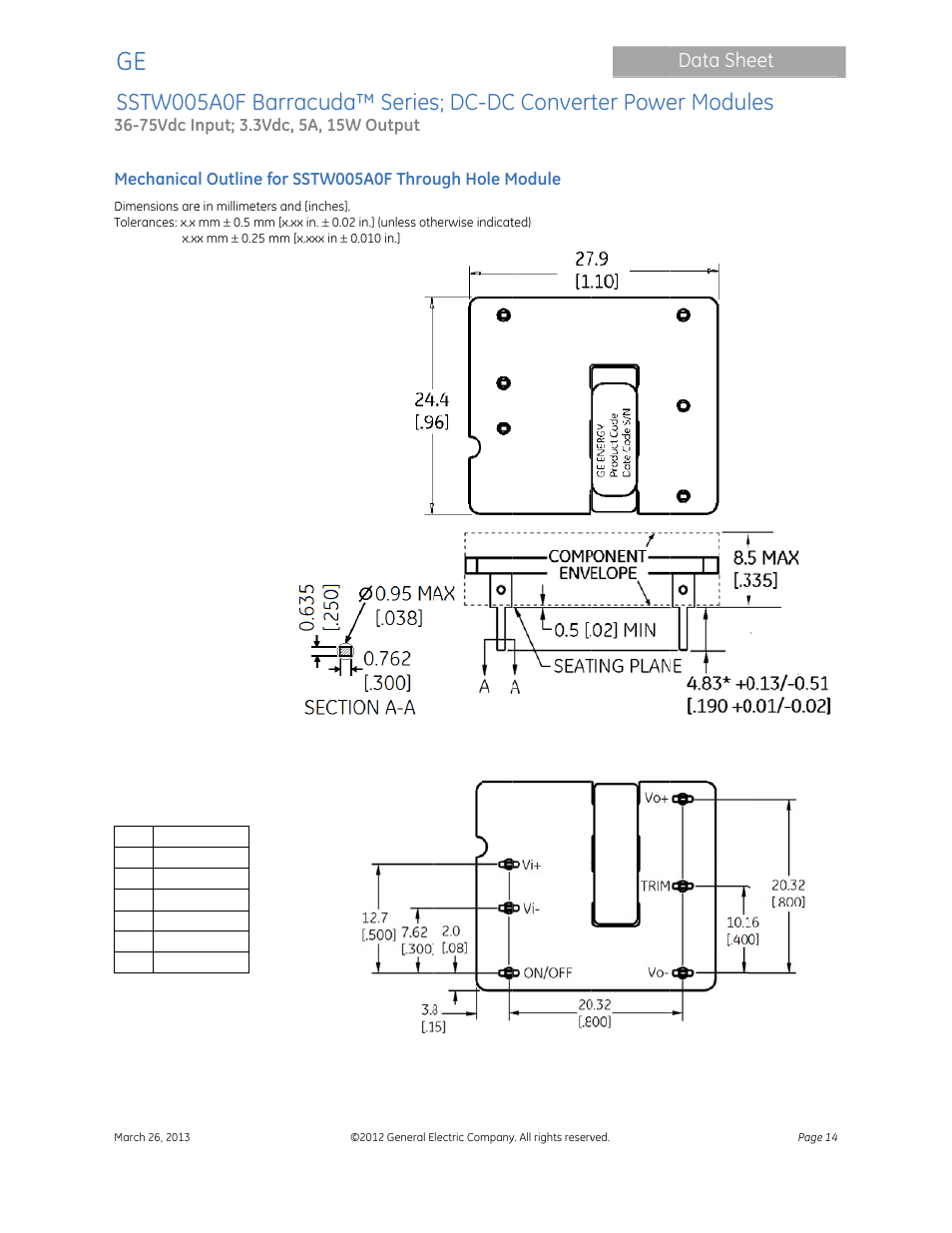 Sstw00, 5a0f ba, Rracuda | Series, S; dc-dc, C convert, Ter powe, Er modu, Data she | GE Industrial Solutions SSTW005A0F Barracuda Series User Manual | Page 14 / 15