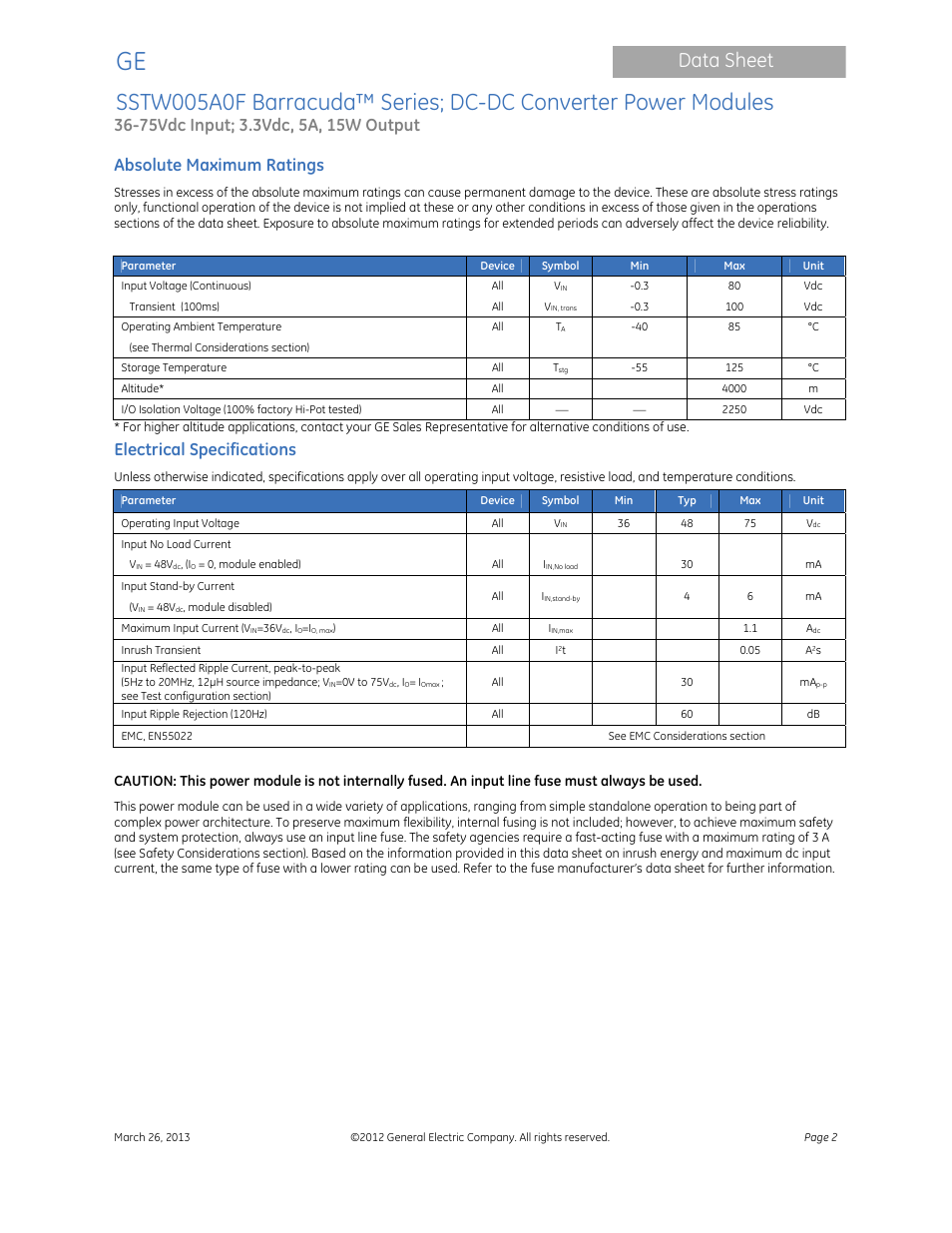 Data sheet, Absolute maximum ratings, Electrical specifications | GE Industrial Solutions SSTW005A0F Barracuda Series User Manual | Page 2 / 15
