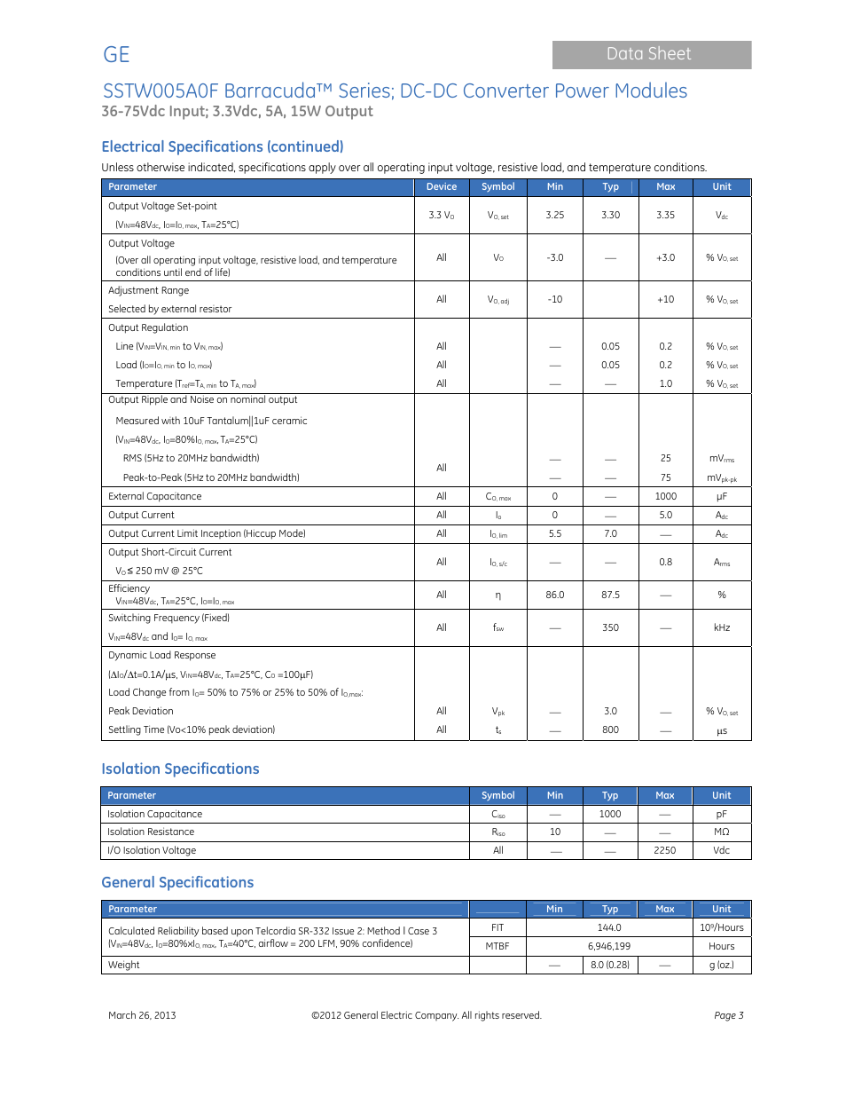 Data sheet, Electrical specifications (continued), Isolation specifications | General specifications | GE Industrial Solutions SSTW005A0F Barracuda Series User Manual | Page 3 / 15