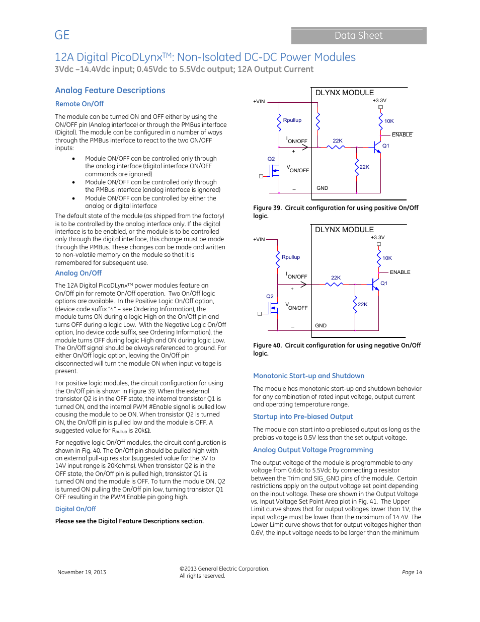 12a digital picodlynx, Non-isolated dc-dc power modules, Data sheet | Analog feature descriptions | GE Industrial Solutions 12A Digital PicoDLynx User Manual | Page 14 / 40