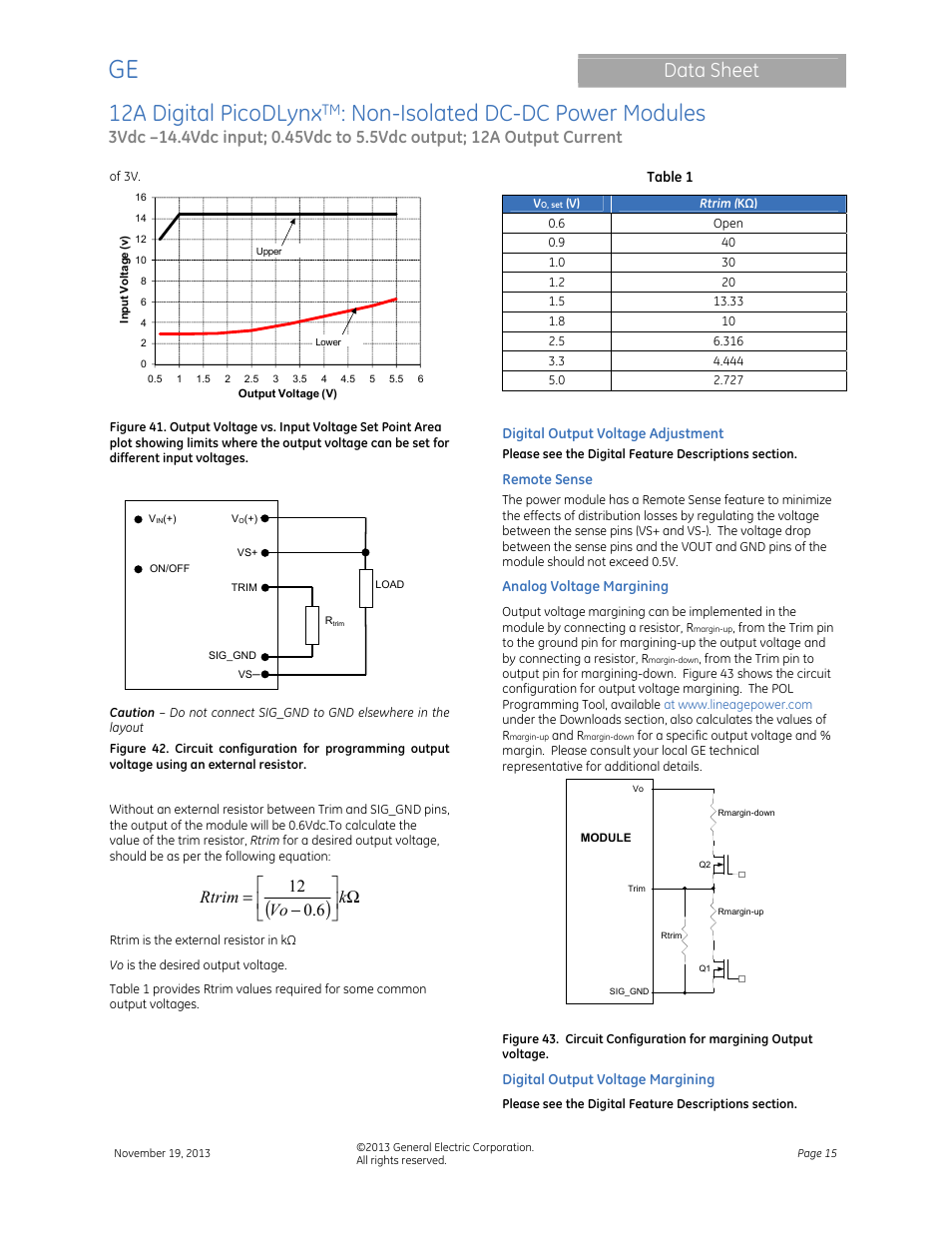 12a digital picodlynx, Non-isolated dc-dc power modules, Data sheet | Ω      − = k vo rtrim 6 . 0 12 | GE Industrial Solutions 12A Digital PicoDLynx User Manual | Page 15 / 40