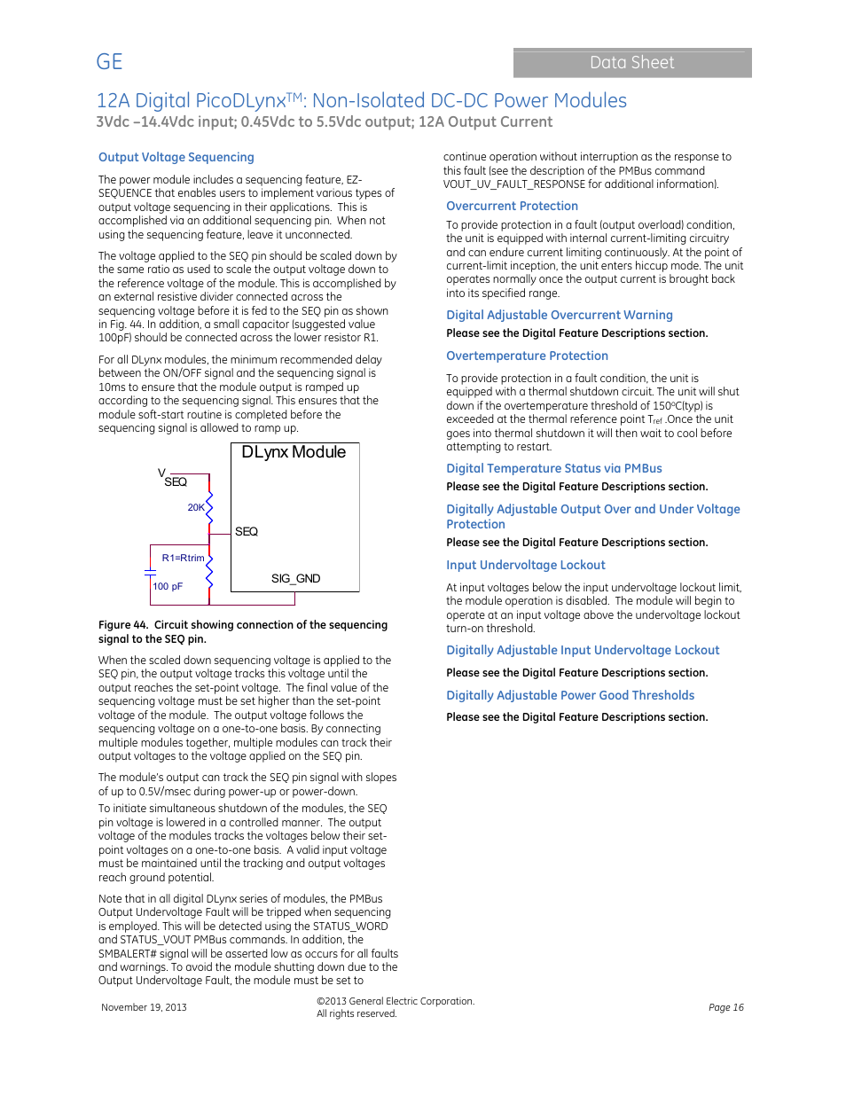 12a digital picodlynx, Non-isolated dc-dc power modules, Data sheet | Dlynx module | GE Industrial Solutions 12A Digital PicoDLynx User Manual | Page 16 / 40