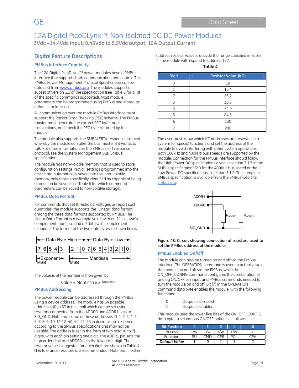 12a digital picodlynx, Non-isolated dc-dc power modules, Data sheet | Digital feature descriptions | GE Industrial Solutions 12A Digital PicoDLynx User Manual | Page 19 / 40
