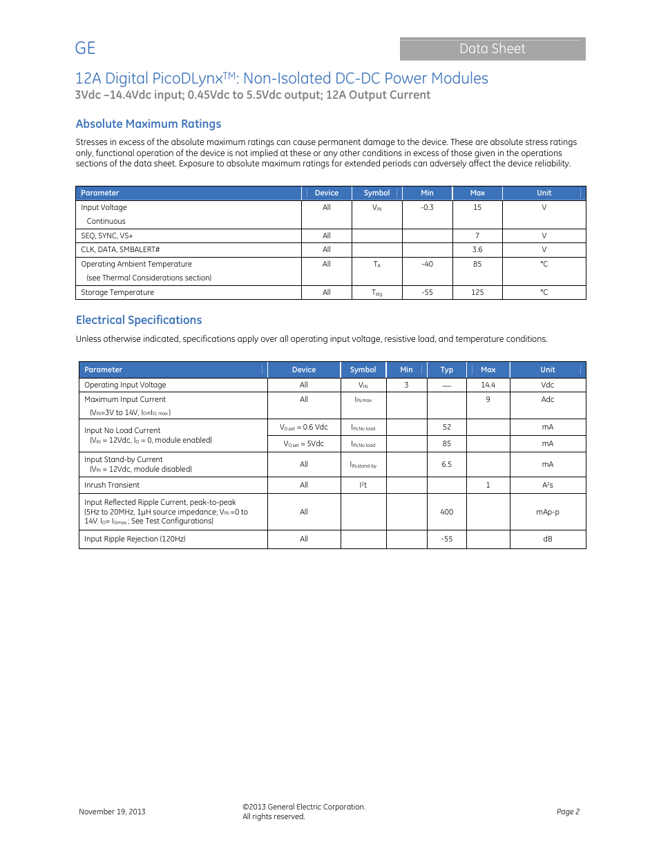 12a digital picodlynx, Non-isolated dc-dc power modules, Data sheet | Absolute maximum ratings, Electrical specifications | GE Industrial Solutions 12A Digital PicoDLynx User Manual | Page 2 / 40