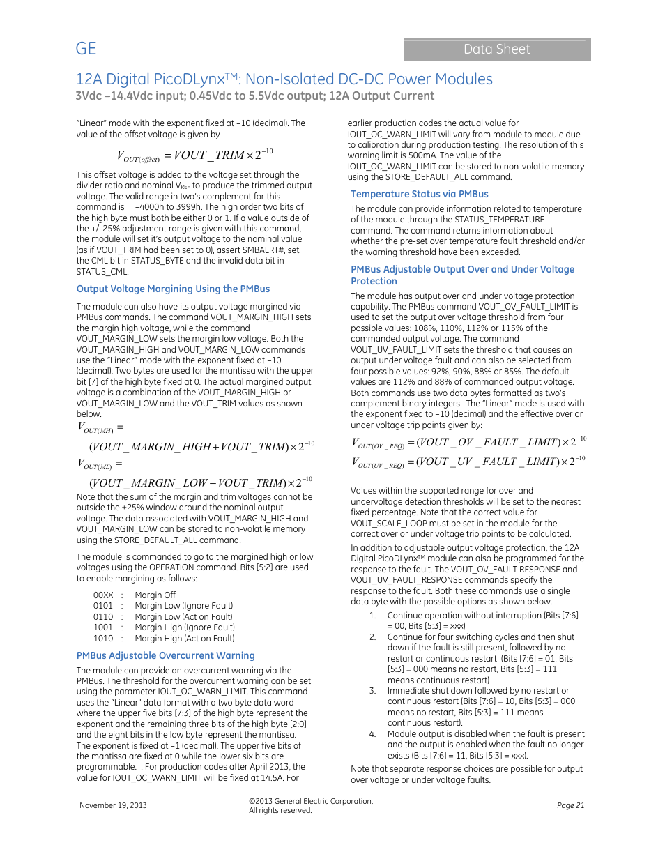 12a digital picodlynx, Non-isolated dc-dc power modules, Data sheet | Trim vout v | GE Industrial Solutions 12A Digital PicoDLynx User Manual | Page 21 / 40