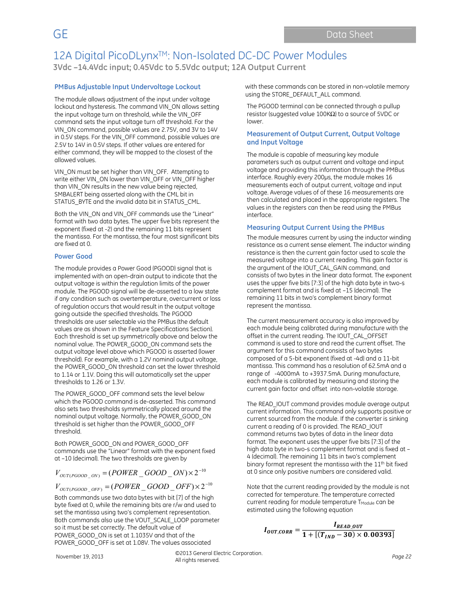 12a digital picodlynx, Non-isolated dc-dc power modules, Data sheet | GE Industrial Solutions 12A Digital PicoDLynx User Manual | Page 22 / 40