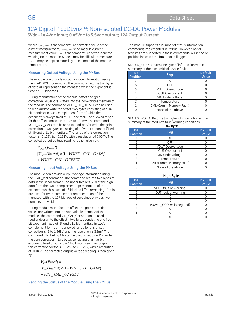 12a digital picodlynx, Non-isolated dc-dc power modules, Data sheet | GE Industrial Solutions 12A Digital PicoDLynx User Manual | Page 23 / 40