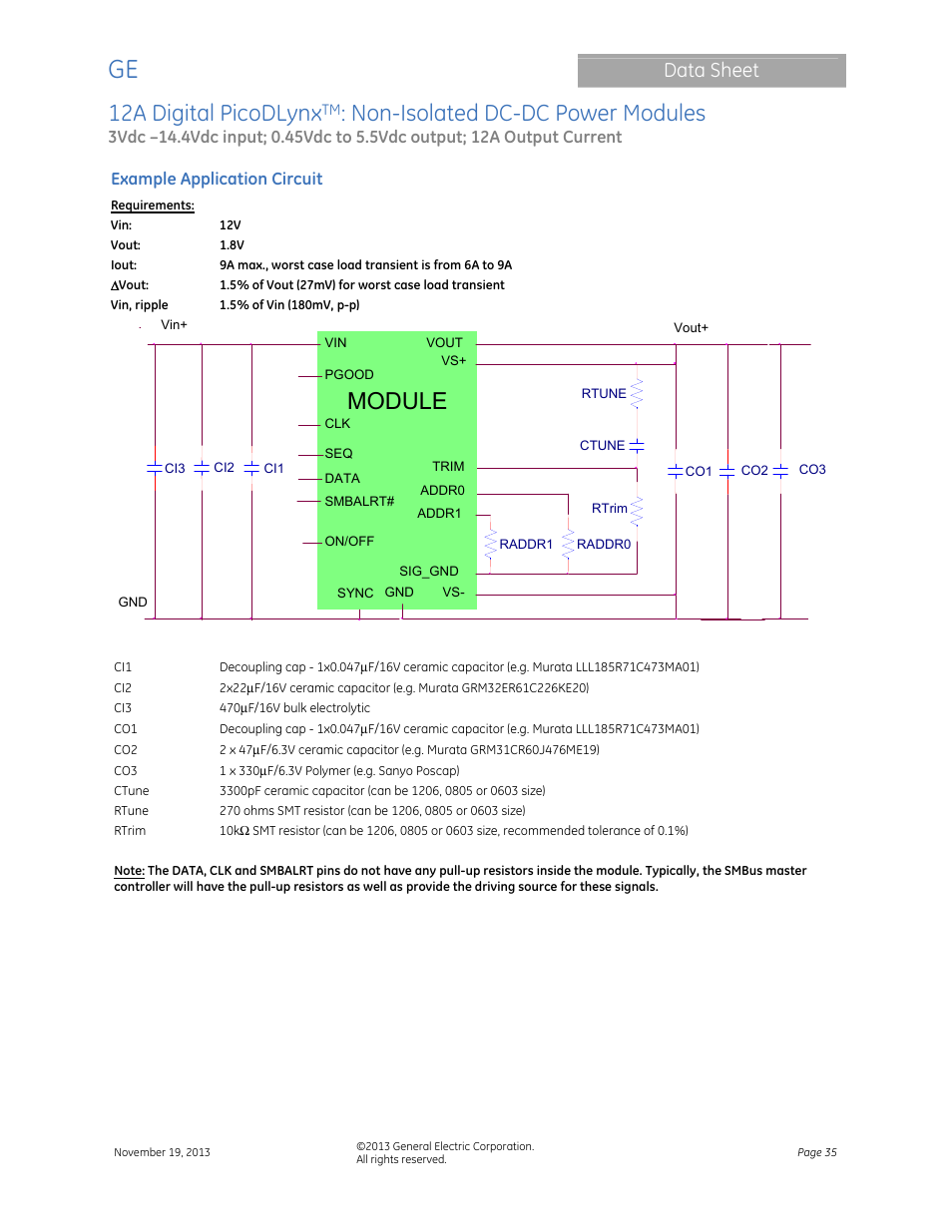 12a digital picodlynx, Non-isolated dc-dc power modules, Module | Data sheet | GE Industrial Solutions 12A Digital PicoDLynx User Manual | Page 35 / 40