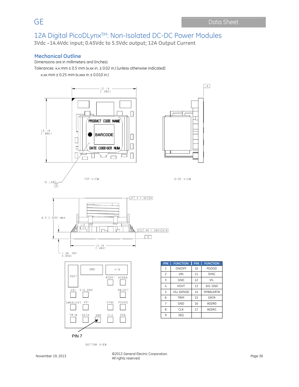 12a digital picodlynx, Non-isolated dc-dc power modules, Data sheet | Mechanical outline | GE Industrial Solutions 12A Digital PicoDLynx User Manual | Page 36 / 40